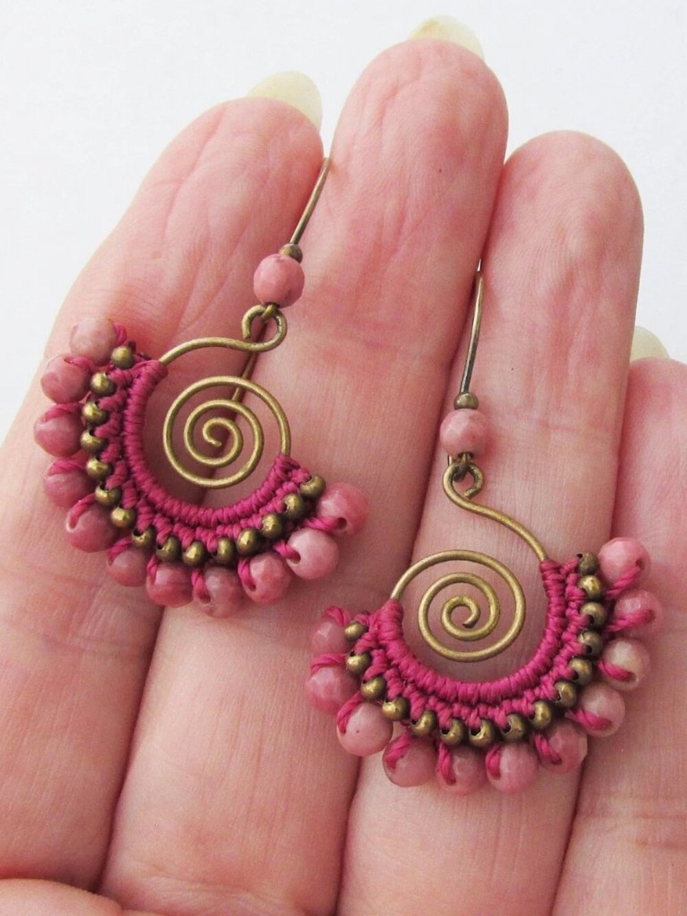 Pink Rhodonite Handmade Crochet Chandelier Dangle Vintage Pierced Earrings